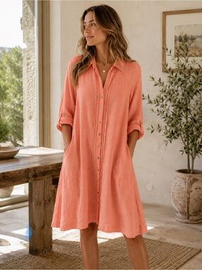 Calypso St. Barth Coral Linen Blend Shirt Dress | Medium | Resort Coastal